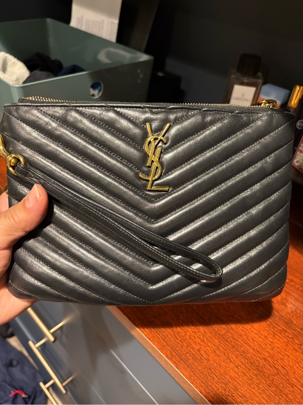 Saint Laurent YSL Black Chevron Quilted Leather Wristlet Pouch